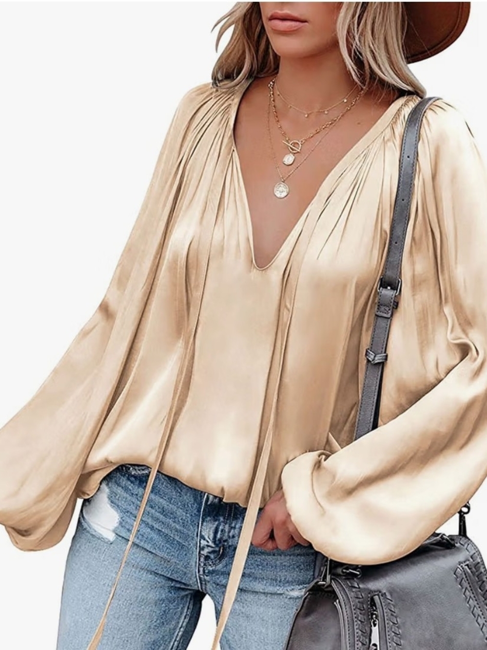 Satin V-Neck Long Sleeve Blouse in Champagne